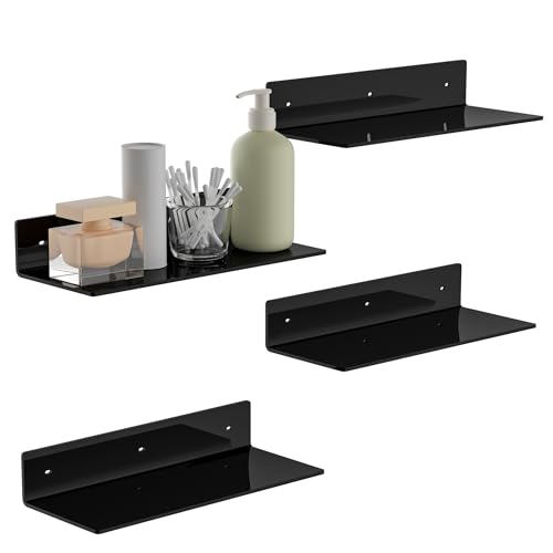 Image of 15 Inches Black Acrylic Wall Shelves 4 Pack, Perspex Wall Mounted Shelves for Home Decor, Space Saver