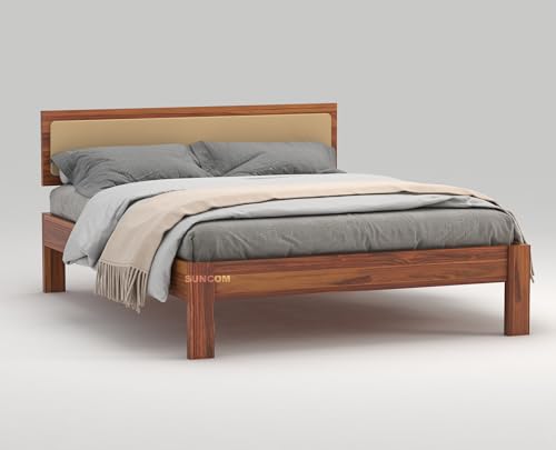 Image of SUNCOM Wooden Queen Size Bed for Bedroom | Wooden Double Bed | Platform Cot Bed with Upholstered Cushioned Headboard | 6.5 x 5 Ft | Sheesham Solid Wood, Honey Finish