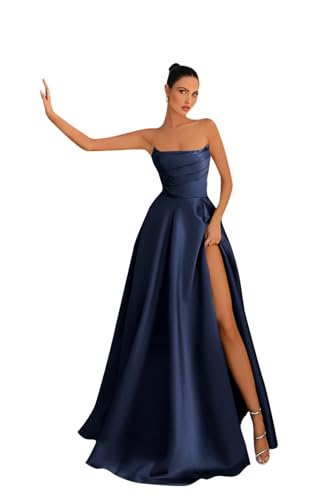 BONOYUER Women's Satin Prom Dress Long with Slit A Line Strapless Bridesmaid Dresses Corset Formal Evening Gown
