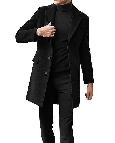 Beotyshow Mens Single Breasted Trench Coat Winter Pea Coat Notch Lapel Long Casual Overcoat2