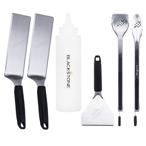 Blackstone 5464 Griddle Tool Kit Outdoor Indoor Grill BBQ Utensils Cooking Accessories-Heat Resistant– 2 Long Spatulas, 2 Angled Scraper Classic Tong, 1 (32oz) Squeeze Bottle, Black, Silver, White