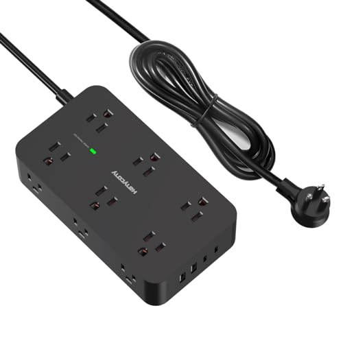 Black Extension Cord 15 Ft, HANYCONY Power Strip with 1080J Surge Protection, 12 Outlets with 4 USB Ports(2 USB C), Wall Mount, Desk Charging Station for Office Home College Dorm Room Essentials