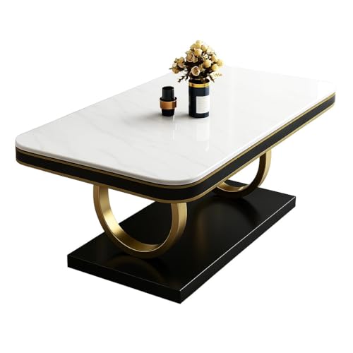 Image of 6-Seater Dining Table with Nano Composite Marble Top and PVC Golden Wooden Base |2yr Warranty - Includes 6 Fabric Upholstered Chairs (Black, White Nano Composite Marble Top)