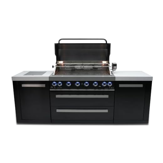 Mont Alpi MAi805-BSS 44-inch 6-Burner 115000 BTU Deluxe Black Stainless Steel Outdoor Kitchen Gas Island Grill w/ Infrared Side Burner & Rotisserie Kit Granite Countertop + Storage Cabinets & Weather Cover