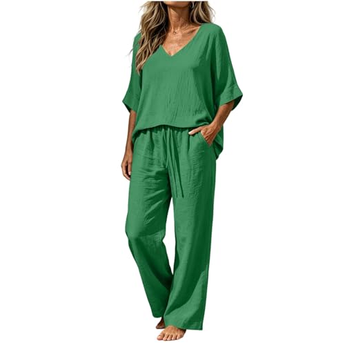 Luuegef 10 Piece Capsule Wardrobe for Women 2026 Linen Sets for Women 2 Piece Dressy Casual Cotton Blend 3/4 Sleeve Shirt and Wide Leg Pants Travel Vacation Lounge Conjuntos Elegantes Para Mujer