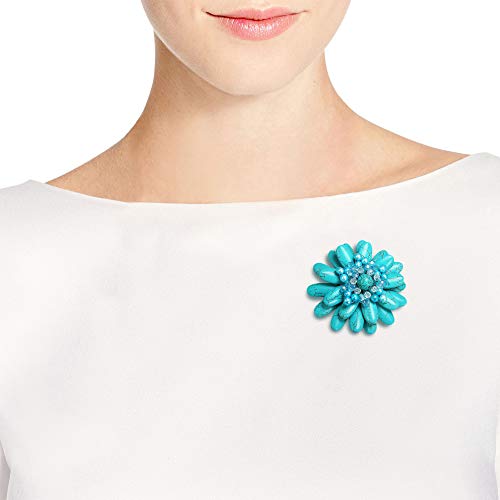 Image of AeraVida Floral Pin Water Lily Design with Simulated Turquoise and Cultured Freshwater Pearls Handmade Brooch Nature Inspired Jewelry Gift for Women