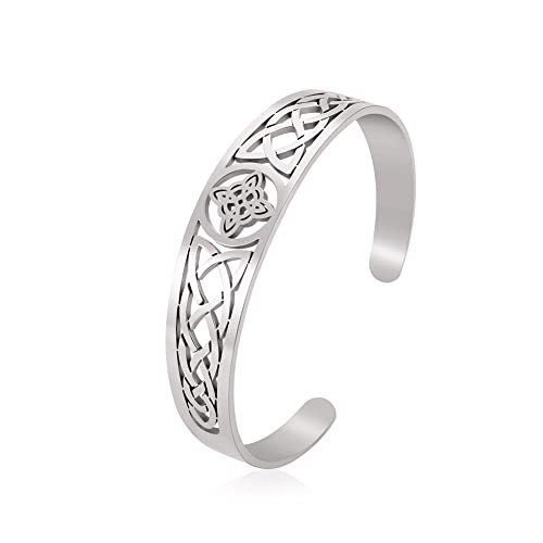 TEAMER Bracelet Noeud Celtique Bracelet Rigide en Acier Argent Excavé Bijoux Vintage Symbole Amulette Norréenne pour Femme Homme, 2.4 inches, Acier...