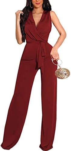 DinyIn Sexy Deep V Neck Long Wide Leg Pant for Women Casual Solid...