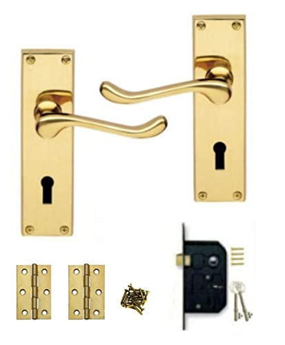 Golden Grace Victorian Scroll Lever Lock Door Handles with 3 Lever Lock Set, 2 Keys and 1 Pair of Hinges in Premium Polished Brass Finish