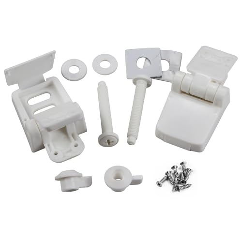 Meaferks Toilet Seat Hinges Replacement Parts – White Plastic Hinge Set with Screws, Connectors, Double Mounting Slots optional, Universal Fit for Wooden Toilet Seats, 1 Pair White (MFL16)