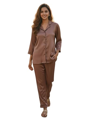 Image of STORIES OF BANNO'S SWAGGER Women Satin Solid Night Suit Set | Premium Soft Satin Nightwear Pajama Set | Stylish Comfortable Sleepwear for Ladies | Elegant Lounge Wear Night Dress