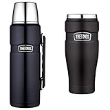 Thermos 183267 Stainless King Flask, Midnight Blue, 1.2 L & Thermobecher Stainless King, Kaffeebecher to go Edelstahl schwarz 470ml, Isolierbecher spülmaschinenfest, dicht, 4002.232.047