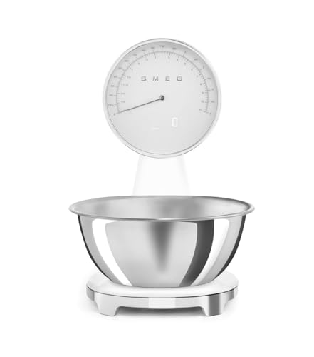 Smeg, Bilancia da Cucina Digitale e Analogica KSF01WHWW, Ciotola in Acciao Inox 1,8L Removibile, Quattro UnitĂ di Misura g/ml e lb.oz/fl.oz, con Funzione Tara, Portata Massima 5kg, Bianco