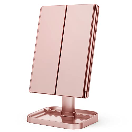 Makeup Mirror Vanity Mirror with Lights, 1x 2X 3X Magnification, Lighted Makeup Mirror, Touch Control, Trifold Makeup Mirror, Dual Power Supply, Portable LED Makeup Mirror, Women Gift(Rose Gold)