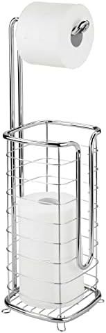 mDesign Steel Metal Free Standing Toilet Paper Holder with Storage for Bathroom, Floor Stand Holder 3 Toilet Tissue Roll Dispenser for Master or Guest Bath, Powder Room, Omni Ultra Collection, Chrome
