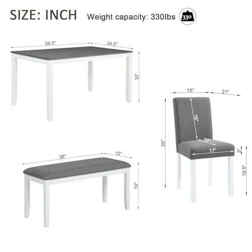 Image of KEIKI 6-Piece Standard Height Dining Table Set with Rectangular Table, 4 Upholstered Curved Backrset Chair, Bench, for 6 Person, Modern Table Set, Easy Assembly, for Kitchen, Dining Room, White+Gray