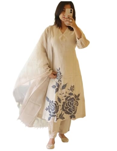 Image of ANNI Designer Women Poly Cotton Straight Printed Kurti Pant Dupatta Set | Ethnic Wear | V Neck | 3 /4 Regular Sleeves | Casual Office Festive Outfit