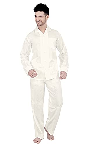 tatwam 100% Cotton Mens Full Sleeve POPLIN Nightsuit with Fully Branded Elastic Pajama and TOP Cream Colour Size M-picture-6