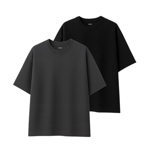 YASO Mens Urban Oversized T-Shirt 100% Cotton Stylish Loose Fit Drop Shoulder Casual Tee (Pack of 2) Black/Charcoal Grey (M)