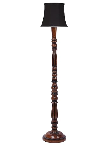 Image of Cylindrical Drum Floor Lamp with Wooden Base - Height 57 Inches, Black | Modern Standing Lamp for Home, Living Room, Bedroom & Office | Elegant Lighting Decor | Cotton