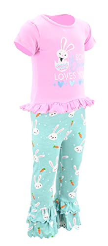 Image of Unique Baby 2 Piece Girls Double Ruffle Leggings Outfit with Short Sleeve Shirt Kid and Toddler Clothes Set