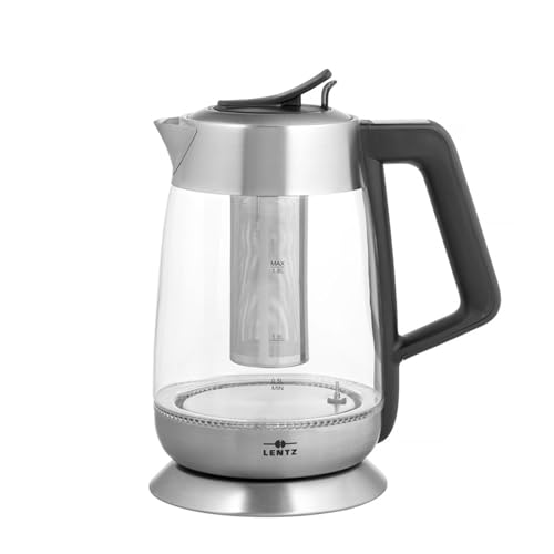 LENTZ Edelstahl-/Glaswasserkocher + Teesieb Teekocher mit Temperaturwahl 60° 70° 80° 90° 100° - mehrfarbige LED-Beleuchtung