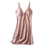 Oplxuo Women's Satin Nightgowns with Built in Bra Lace Trim Sleep Dress Sleeveless Silk Sleepwear Spaghetti Strap Nightdress Pink