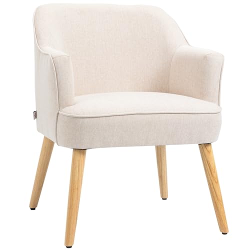 HOMCOM Sillón Nórdico Moderno Butaca de Salón Tapizada en Lino con Patas de Madera para Dormitorio Oficina Estudio Carga 120 kg 64,5x65x79,5 cm Crema