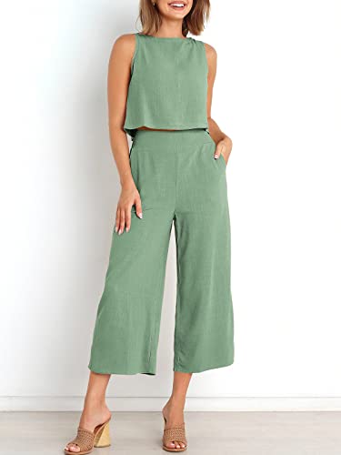 Image of ANRABESS Women's Summer 2 Piece Outfits Sleeveless Tank Crop Button Back Top Cropped Wide Leg Pants Set Pockets