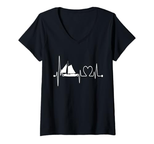 Mujer Velero Heartbeat EKG Line Boat Sailing Sea Captain Camiseta Cuello V