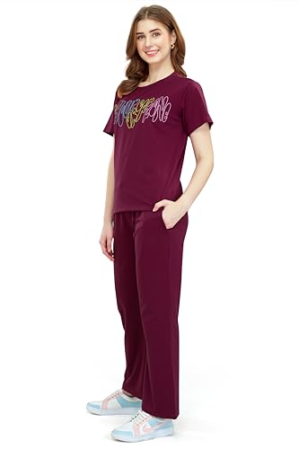 Image of ZEYO Women's Cotton Typography Wide Bottom Night Suit Set of Top & Pajama Set