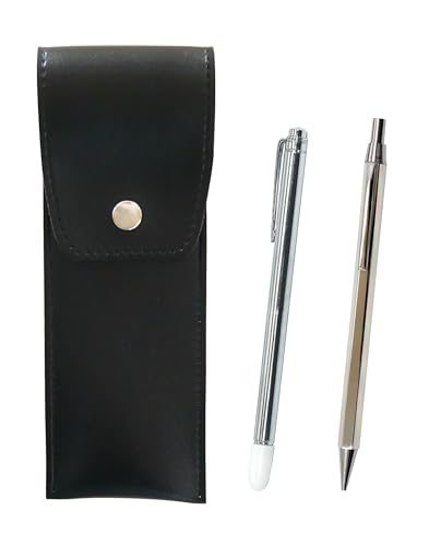 丸ボタン式日本製ペンケース黒 金属製指示棒とZ66全身シルバー 6角ノック金属シャープペンセット BRSB-701S-Z66SS