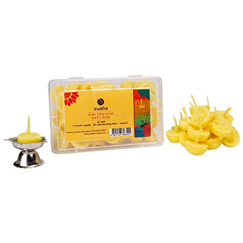 Swaha Premium Cow Ghee Diya Batti (30 Pieces), 30min Burning Time, Wax Free Cow ghee Diya batti - Pack of 3