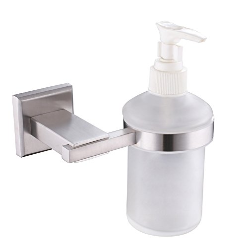 Wall Mount Soap Dispenser with Holder, Angle Simple SUS304 Stainless Steel Liquid Soap Dispenser Hanger, Glass Dish Soap Container, Liquid Detergent Shampoo Lotion Dispenser Bottle, Brushed Nickel