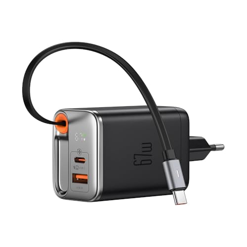 Image of mcdodo 67W USB C Charger With Retractable Type-C Cable, Dual Port (USB A+C) Foldable Wall Charger Gan Fast Charging Fit iPhone 16 15 Pro /Promax /Plus, Galaxy, Ipad, Macbook, Black