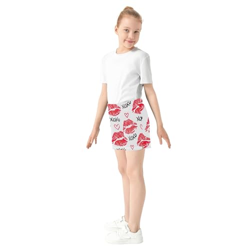 Girls Athletic Lounge Shorts Red White Lipstick Kisses Print Comfy Casual Summer Pajama Activewear, X-Small4