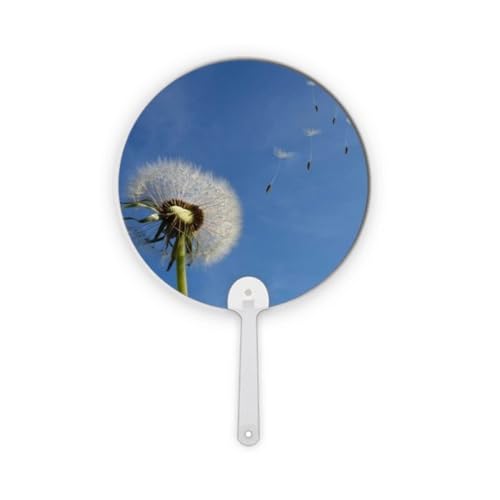 Éventail rond plastique bleu robuste motif pissenlit blanc léger