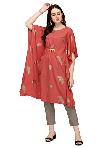 Image of FIORRA Women's Dusty Pink Poly Crepe Kaftan Kurta with Pant SET0035