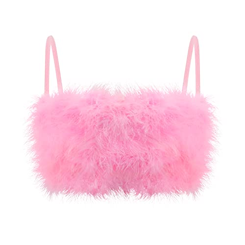 TYNORA Womens Faux Fur Crop Top Spaghetti Strap Tube Tops Strappy Cami for Concert Club Party(Pink M)