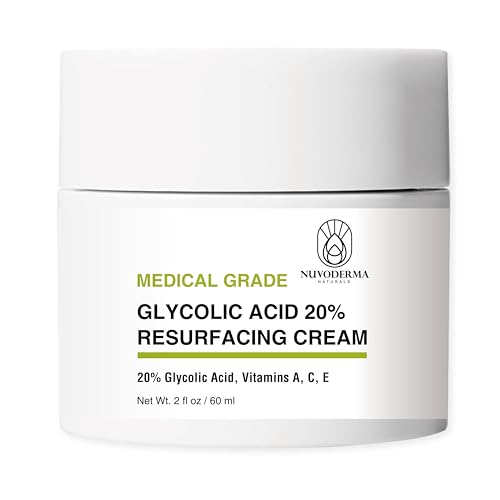 NUVODERMA Glycolic Acid Resurfacing Cream with Glycolic Acid 20%, Vitamins A, C & E – Anti-Wrinkle Face Moisturizer for Smooth Skin – Hydrating, Medical-Grade Exfoliator – 2 oz