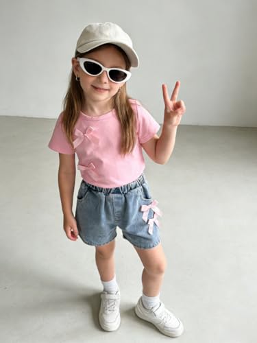 Image of Azmxynol Kid Girls Clothes Outfits Bowknot T-Shirt + 2 In 1 Denim Short Skort Summer Clothing Set, Size 4-10 Years