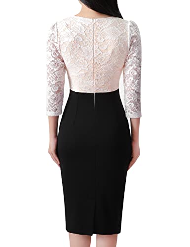 VFSHOW Womens Floral Lace Applique Waist V Neck 3/4 Sleeve Colorblock Cocktail Bodycon Dress2