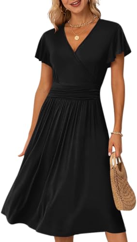 Image of Women's Casual Summer Dress V Neck Short Sleeve Flowy Stretchy Comfort Fit for Daily Wear Work Midi Dresses