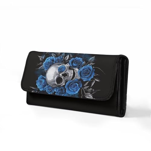 Image of AFPANQZ Skull Blue Rose Women's Wallets RFID Blocking Large Capacity Luxury PU Leather Clutch Wallet Card Holder Organizer Long Purse for Women Travel Purses Holder Zip Coin Wallet Purse