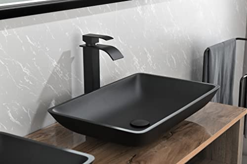 HAUSHECK Rectangle Vessel Sink - Modern Black Above Counter Sink Bowl with Faucet and Pop Up Drain Combo, Bathroom Vessel Vanity Sinks Art Basin