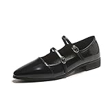 EFTCAL Women's Adjustable Double Strap Mary Janes, Pointed Toe Low Heel Flats, Dressy Comfortable Slip-on Dress Shoes (Black,7)