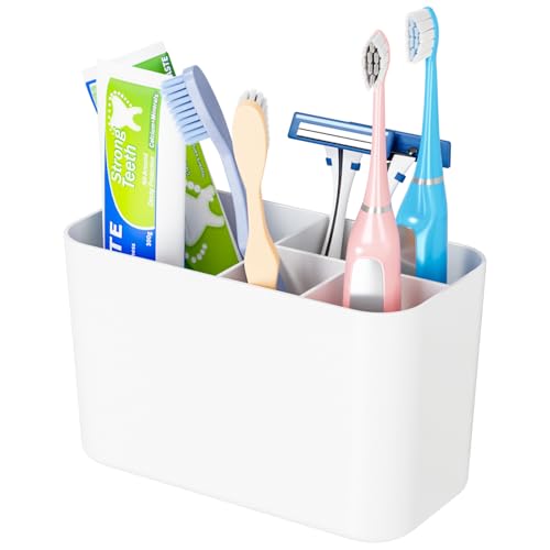 Toothpaste and Toothbrush Holder for Bathroom - Wall Mounted and Countertop Usage,Cute Kids Electric Tooth Brush Holder & Cup, 5 Slots Family Size Toothbrush Organizer & Stand for Rv,Farmhouse,White