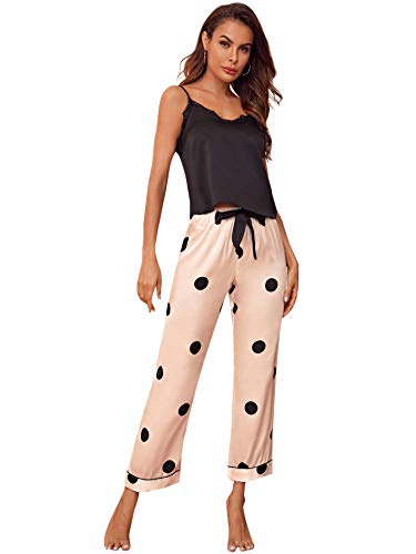 Shein Women's 3 Piece Lace Trim Polka Dots Cami Top And Shorts Pants Satin Pajama Set Black And Beige Small #TOP4