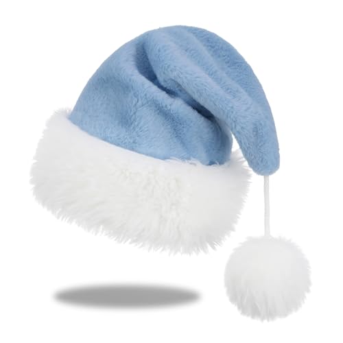 Slsxip Personalized Santa Hat for Adults, Super Soft Plush Holiday Christmas Hat, Xmas New Year Party Headwear（Light Blue）