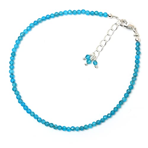 925 Sterling Silver Full Beaded Adjustable Bracelet For Women, Natural Neon Apatite Gemstone Beads Dainty Bracelet, Silver Jewelry Gift For Her (Neon Apatite)